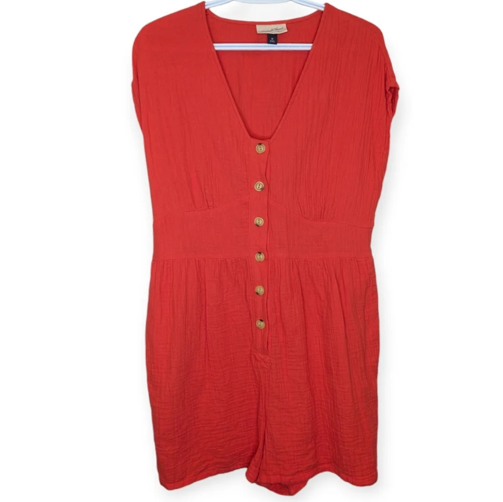 Universal  Thread Target 100% Cotton Textured Button Down Romper Orange Red M